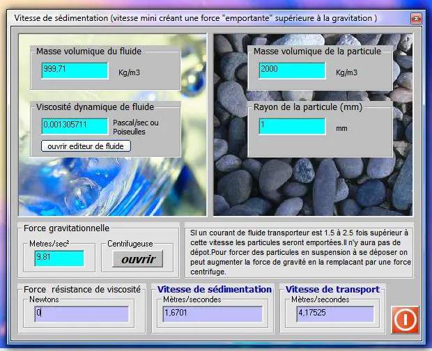 calcul vitesse sedimentation et transport